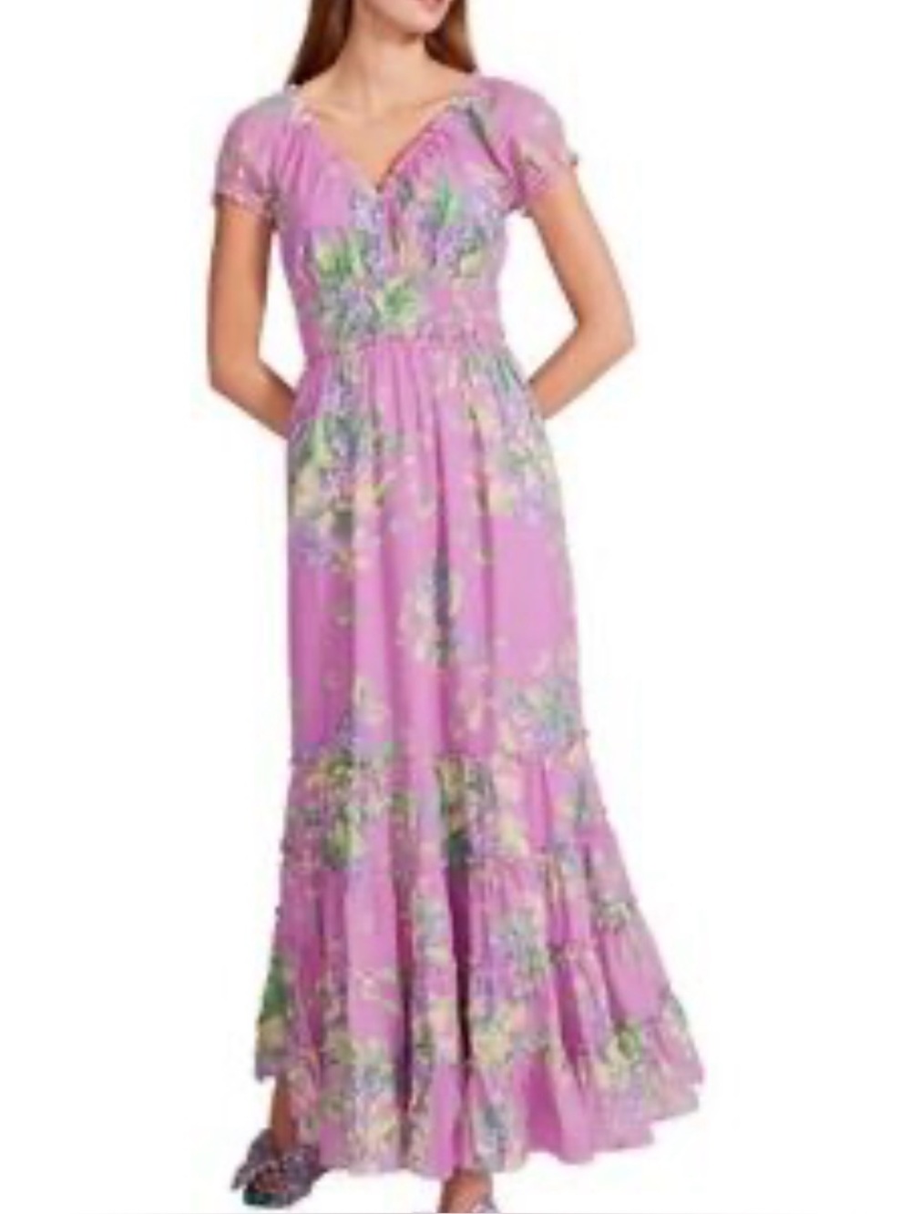 Betsey Johnson "Enchanted Garden" Tiered Maxi Dress - Orchid Multi Floral Size M